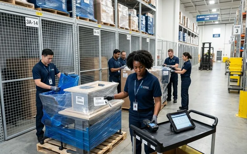 Crew wrapping and inventorying office furniture at Toronto climate controlled storage facility with barcode labels and secure cages