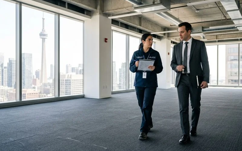 Decommissioning supervisor walking empty Toronto office floor with landlord for final sign off after lease-end broom swept handover