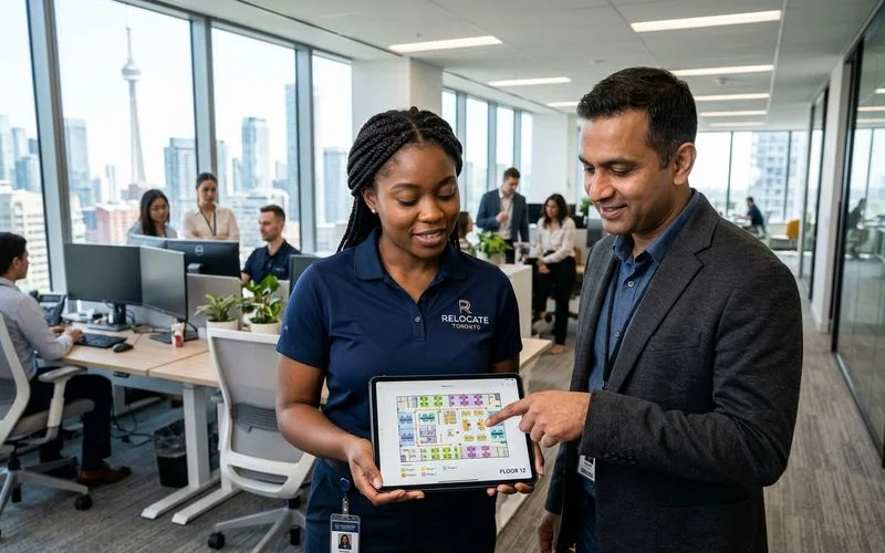 Dedicated move coordinator reviewing phased floor plan with corporate facilities manager inside a large Toronto office during pre-move walkthrough