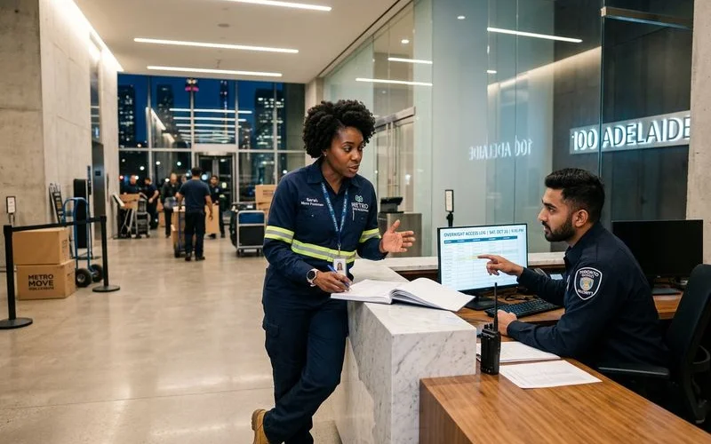 Foreman coordinating with building security guard for overnight access at Toronto office tower during a Saturday night commercial move