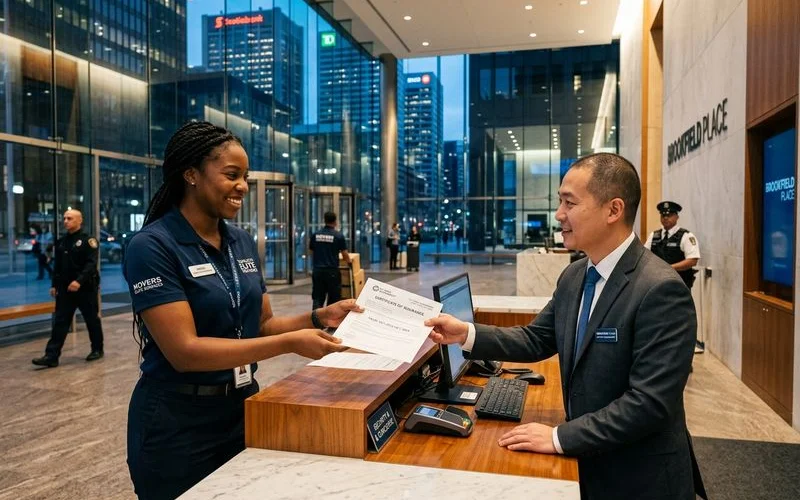 Move coordinator presenting certificate of insurance to Toronto Financial District tower property manager before an after-hours law firm move