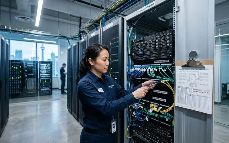 Technician disconnecting labelled ethernet cables from open server rack inside modern Toronto office server room with port mapping sheet
