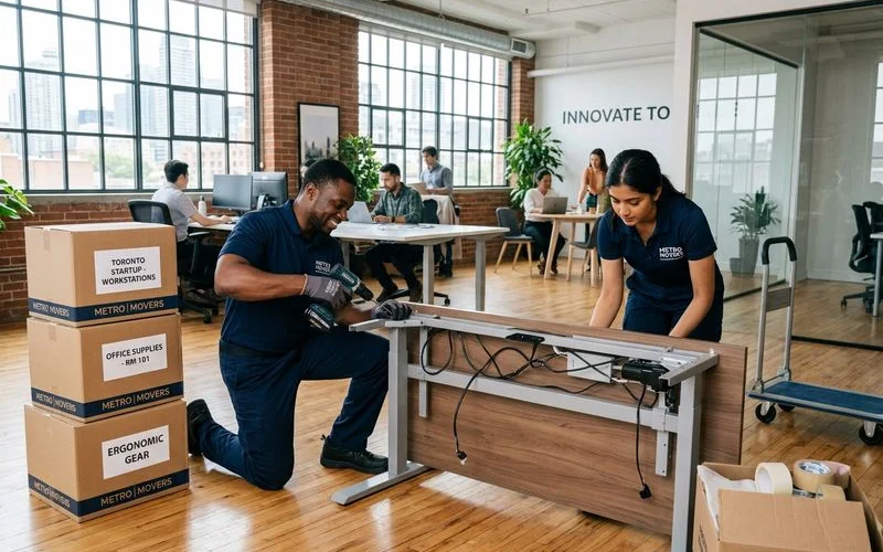 Two movers in navy uniforms disassembling ergonomic desk inside a small ten-person Toronto startup office with labelled boxes ready for transport