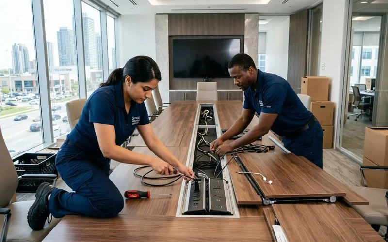 Two technicians reassembling boardroom table with power pole integration at new Mississauga corporate office after commercial move